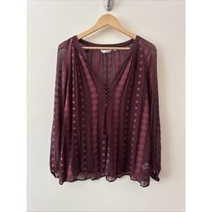 Zoa New York Women's M Maroon Sheer Silk‎ Embroidered Blouse Romantic